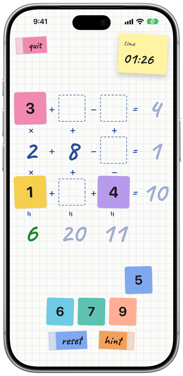 NineGaps on an iPhone, a board part-way through: some tiles placed on the 3 by 3 grid, the rest waiting in the tray below